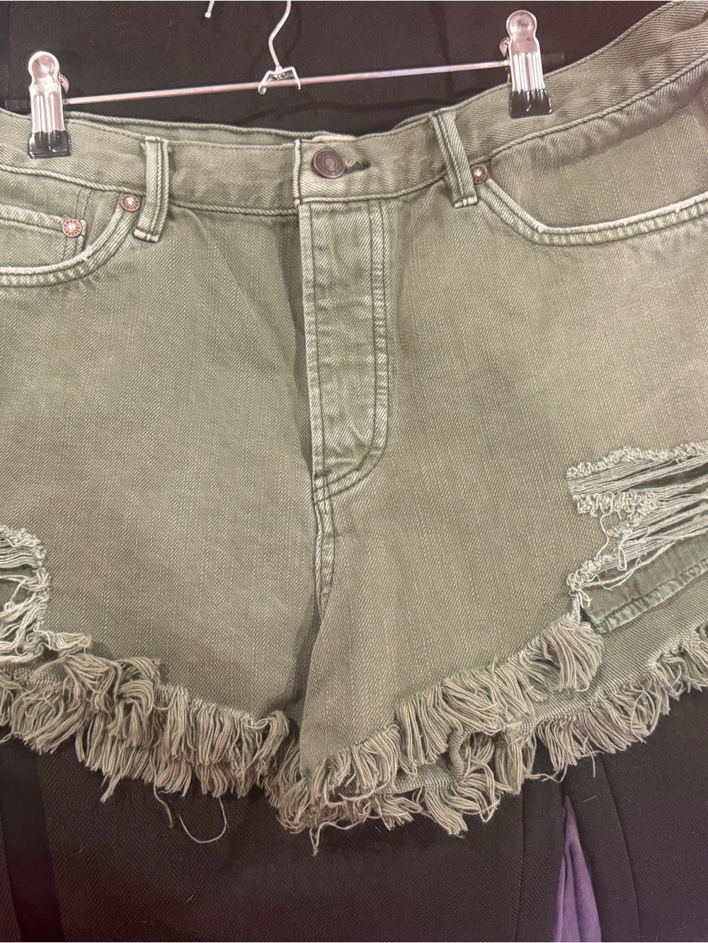 We The Free Olive Green Distressed Frayed Denim Shorts